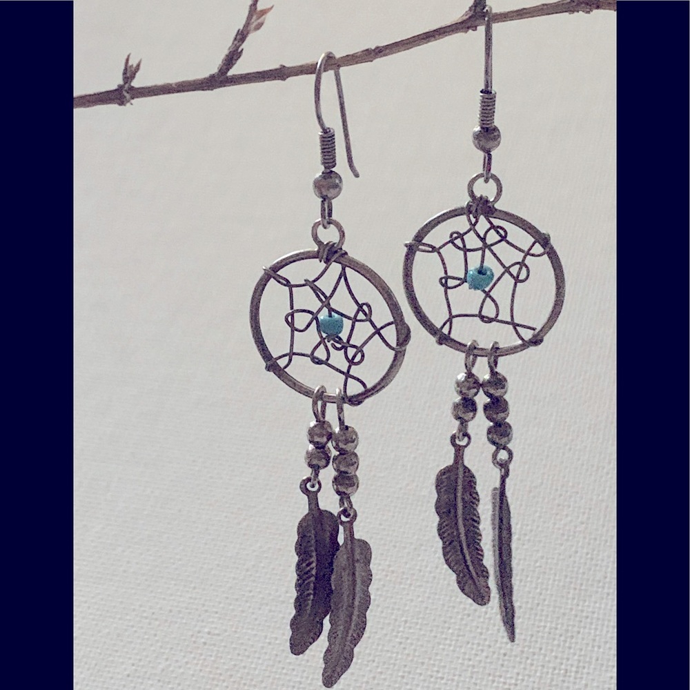 Dream Catcher Earrings Silver Tone/blue bead & dangle silver tone feathers - Picture 2 of 4